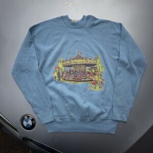 70s 60s Mayo Spruce Crewneck Raglan Sweatshirt Blue Photolith Cartoon Print SZ M